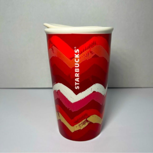 Starbucks Coffee Ceramic Travel Tumbler Mug Red Chevron Pattern 10 fl oz  2014 - Picture 1 of 9